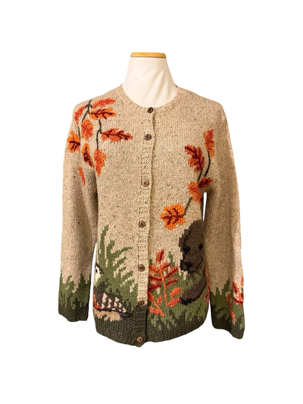 Northern Isles Cozy Scenic Embroidered Wool-Blend Cardigan Sweater - Dog/cabin - Picture 7 of 10